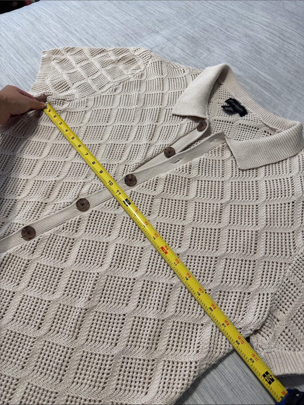 Art of Rhetoric Cream Crochet Knit Shirt Mens Sz XL Open Stitch Diamond Polo - Picture 7 of 12